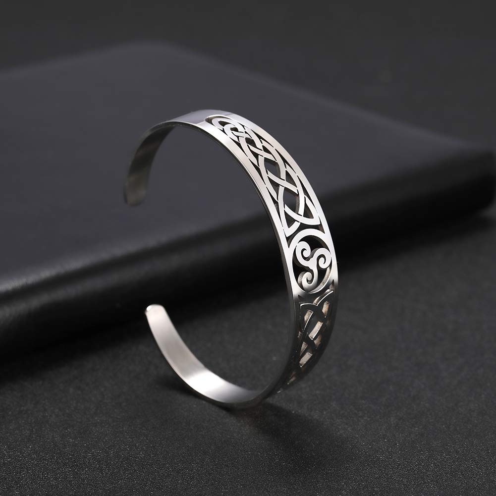 TEAMER Celtic Knot Bracelet Stainless Steel Silver Cuff Bangle Hollow Out Vintage Symbol Norse Amulet Jewelry for Women Men (Triskele)