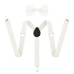 ULEEMARK White Suspenders for Women Adjustable Buckle with Strong Clip White Bow Tie,Elastic Y Shape White suspenders for men for Wedding