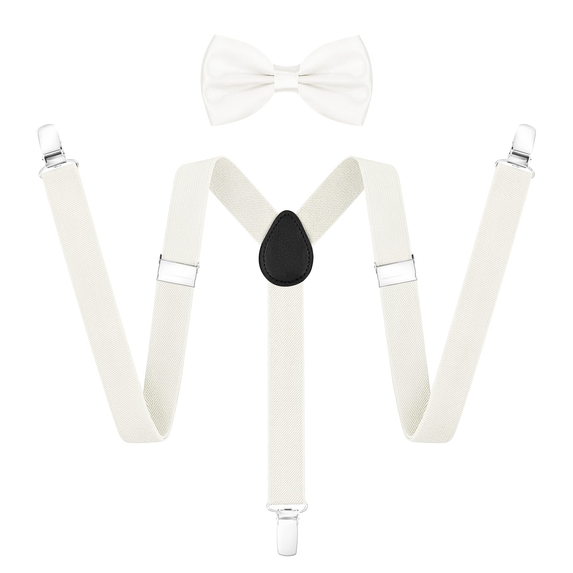 ULEEMARK White Suspenders for Women Adjustable Buckle with Strong Clip White Bow Tie,Elastic Y Shape White suspenders for men for Wedding