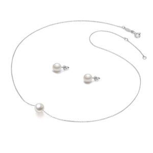 Bridesmaids Gifts Single Pearl Necklace Silver Stud Earrings Gift Floating Pendant 8-9mm Simple Chain Jewelry Set for Women Maid of Honor Gifts for Her Wedding Classic Fashion Style