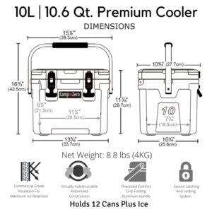 CAMP-ZERO 10L-10.6 Quart Portable Hard Cooler Ice Chest, Perfect for Drinks, Lunch, Beach, Picnics, Boating, Camping and Travel with 2 Molded-in Cup Holders and Folding Aluminum Handle