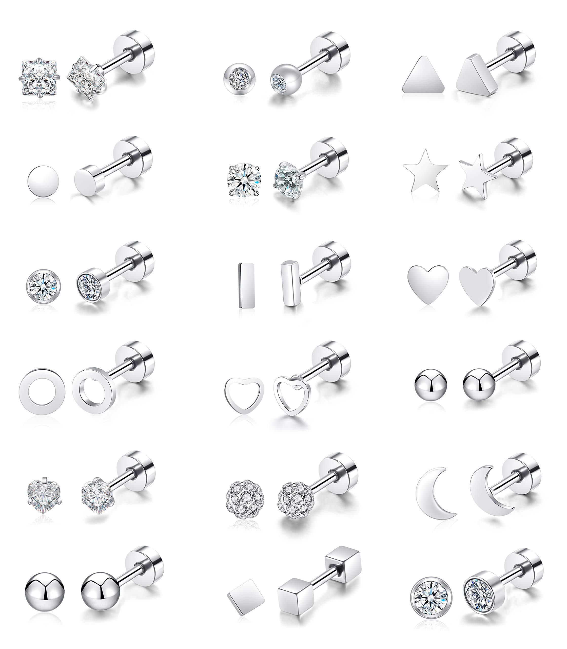 Vegolita 18Pairs 20G 18G Stainless Steel Tiny Stud Earrings for Women Cartilage Helix Earrings Ball Star CZ Earrings