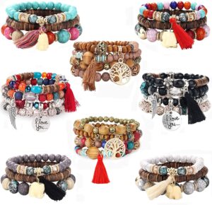 yadoca 8 pcs bohemian wood beaded bracelets set for women boho multilayer tassel strand elephant charm bracelets stretch