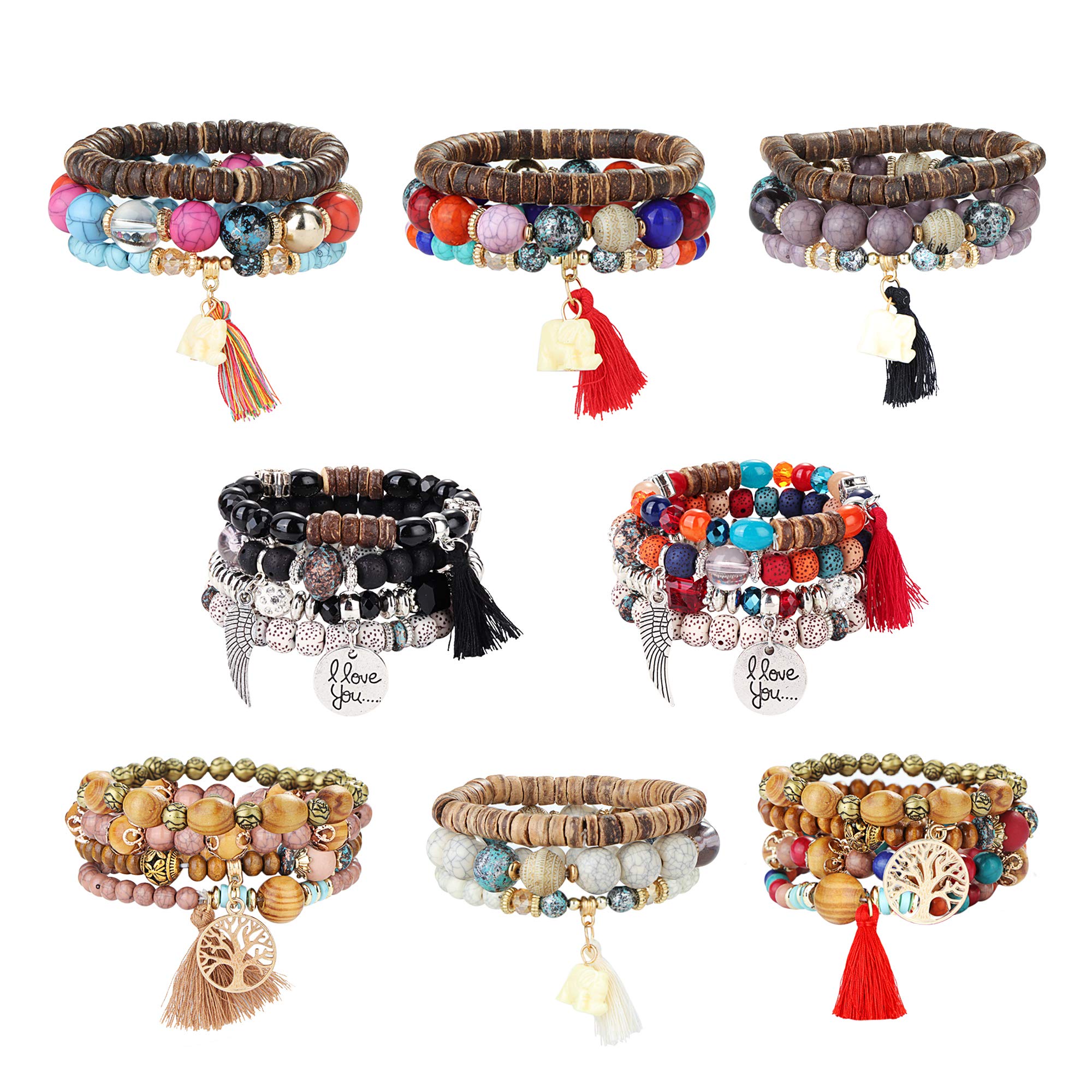 YADOCA 8 Pcs Bohemian Wood Beaded Bracelets Set for Women Boho Multilayer Tassel Strand Elephant Charm Bracelets Stretch