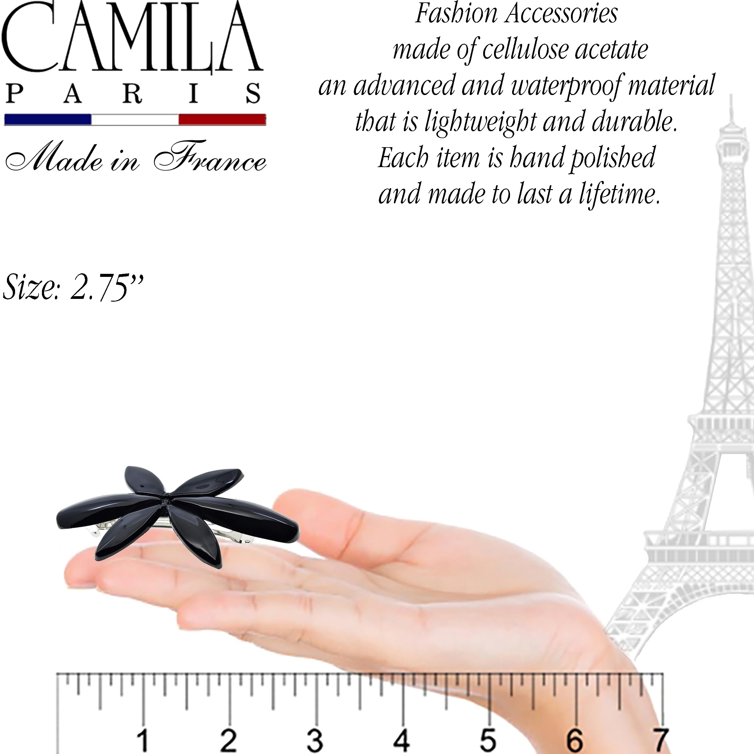 Camila Paris CP2875 French Hair Barrette Clip for Girls Flower, Black, Automatic Clasp Strong Hold Grip Hair Clips for Women, No Slip and Durable Styling Girls Hair Accessories, Made in France