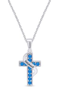 affy round simulated blue topaz personalized name engraved cross pendant necklace in 14k white gold over sterling silver 18" chain