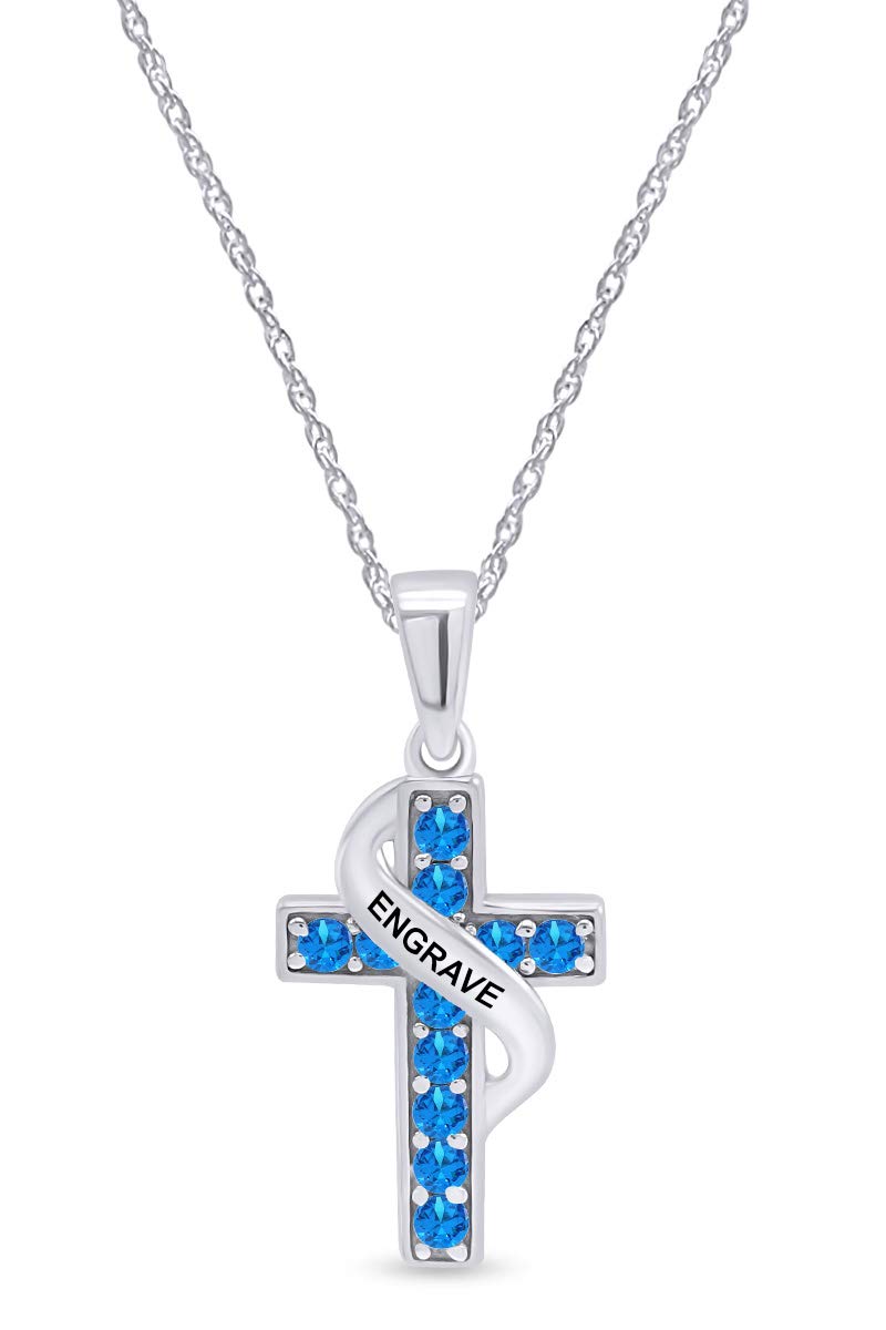 AFFY Round Simulated Blue Topaz Personalized Name Engraved Cross Pendant Necklace in 14k White Gold Over Sterling Silver 18" Chain