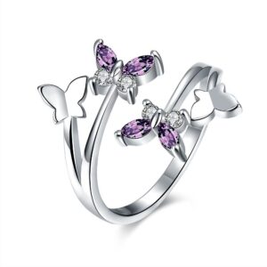 MAIHAO Women's Adjustable Size 925 Sterling Silver Butterfly White Birthstone CZ Butterfly Shape Purple Austrian Crystals Rings