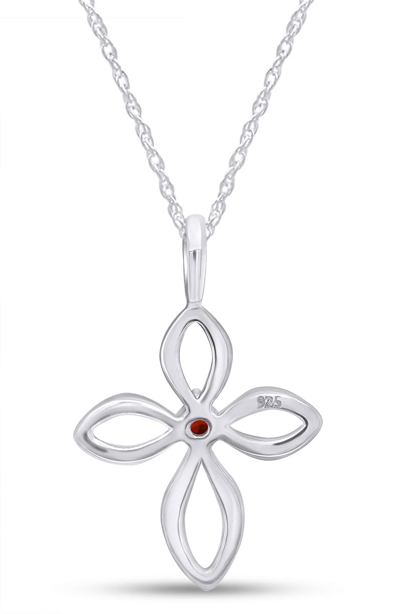 AFFY Round Shape Simulated Garnet Open Cross Pendant Necklace in 14k White Gold Over Sterling Silver for Women 18" Chain