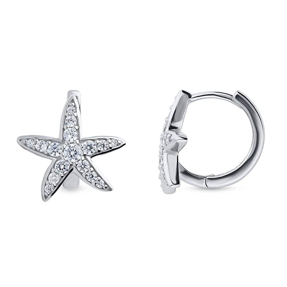 BERRICLE Sterling Silver Starfish Cubic Zirconia CZ Small Fashion Hoop Huggie Earrings for Women, Rhodium Plated 0.5"