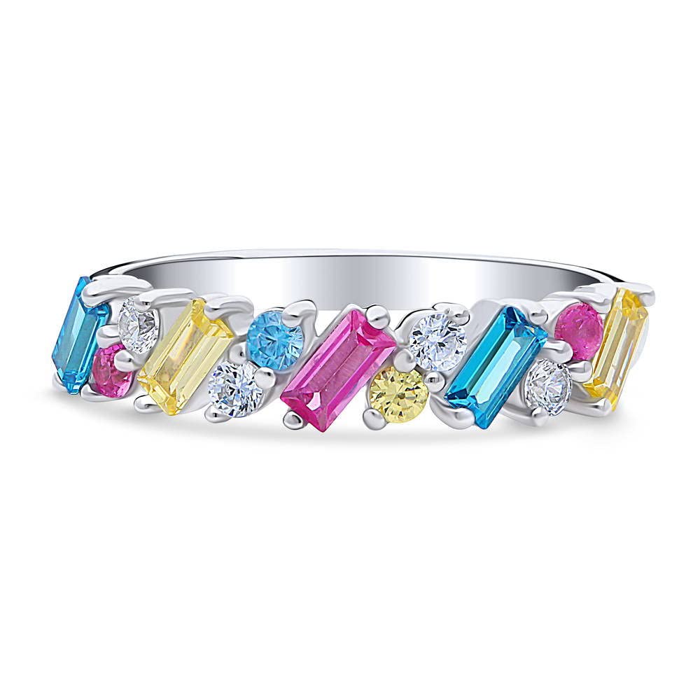 BERRICLE Sterling Silver Cluster Multi Color Cubic Zirconia CZ Stackable Fashion Anniversary Band for Women, Rhodium Plated Size 6