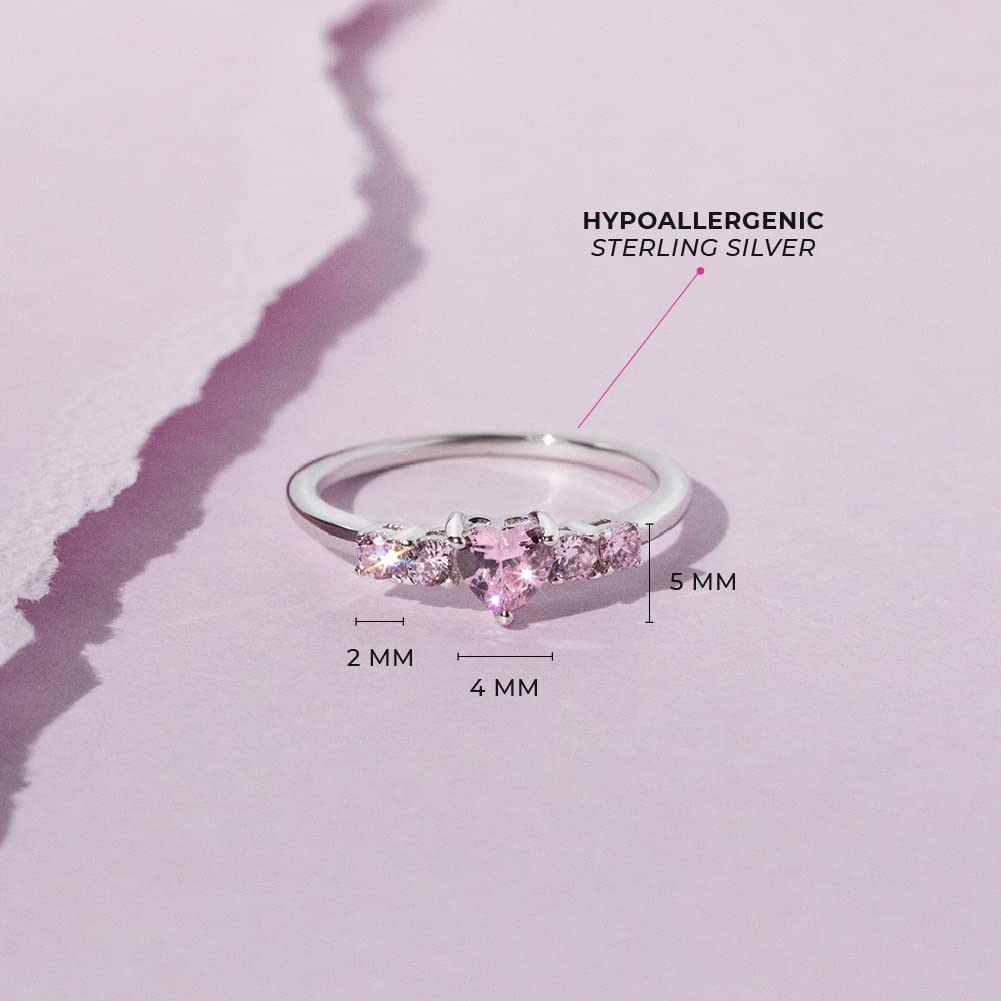 925 Sterling Silver Size 2 Lovely Pink Round & Heart Cubic Zirconia Rings for Infants & Toddlers - Fashionable CZ Ring Bands for Children - Elegant Heart Jewelries for Little Girl's Daily Accessory