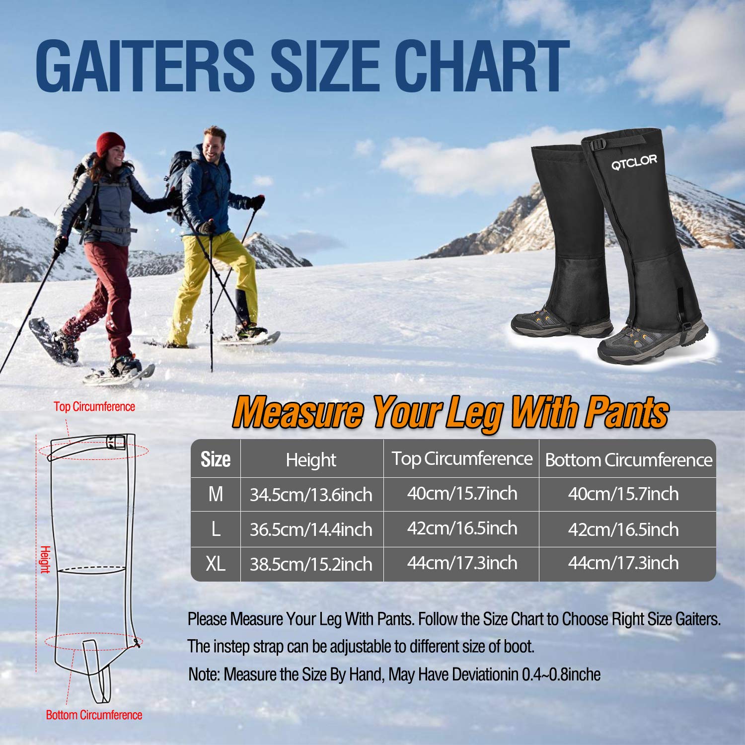 Leg Gaiters Waterproof Snow Boot Gaiters for Snowshoeing, Hiking, Hunting, Running, Motorcycle Anti-Tear Oxford Fabric, TPU Instep Belt Metal Shoelace Hook Adjustable top Buckle Strap for Outdoor