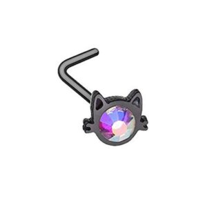 Amelia Fashion 20 Gauge Black Aurora Borealis Cat Face Silhouette L-Shape Nose Stud 316L Surgical Steel (Black/Aurora Borealis)