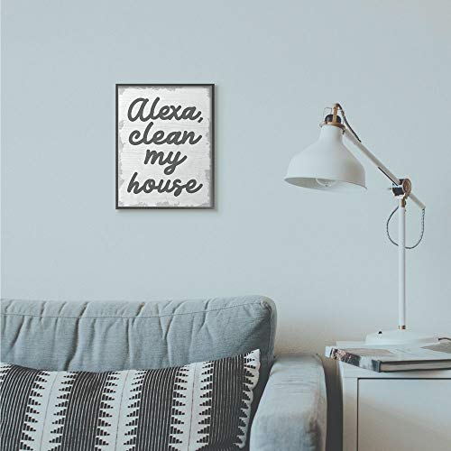 Stupell Industries Alexa Clean My House Funny Family Home Neutral Grey Word, Design by Artist Daphne Polselli Wall Art, 11 x 14, Black Framed