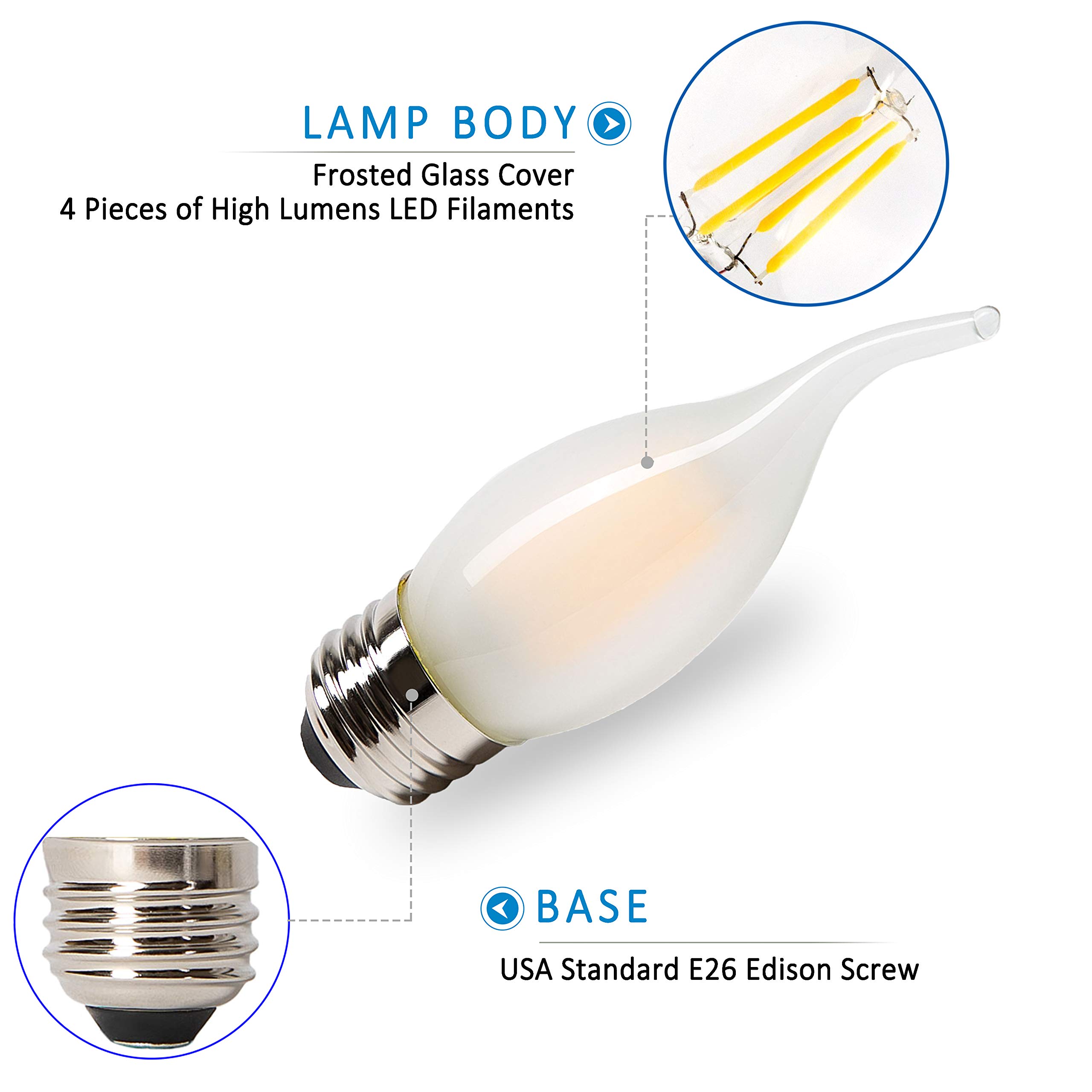 PANLAVIE LED 40 Watt Chandelier Bulbs Standard Base Frosted Bulbs, Dimmable Filament 40 Watt LED Bulbs (Uses Only 3.5 watts), E26 Medium Base, 2700K Warm Light Candle Bulbs, Pack of 6