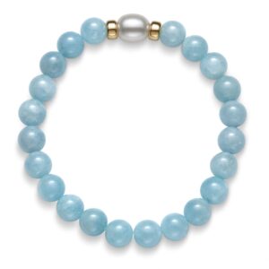 14K Gold Aquamarine and Freshwater Pearl Stretch Bracelet for Women