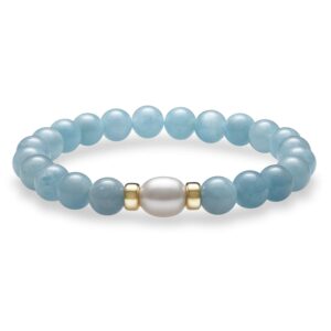 14K Gold Aquamarine and Freshwater Pearl Stretch Bracelet for Women