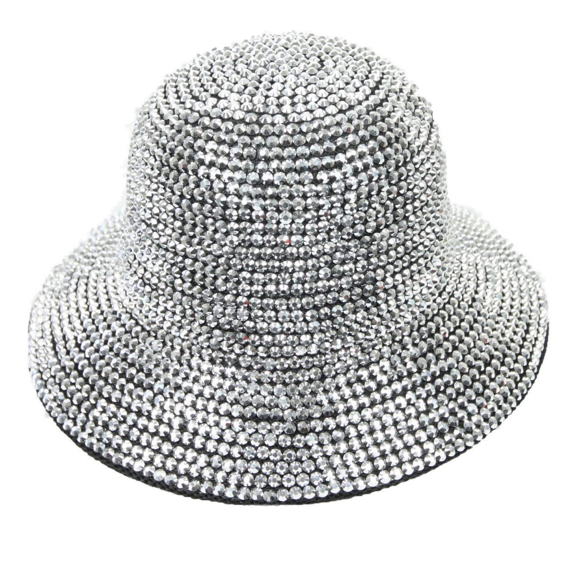 Rhinestone Bucket Hat Bling Bling Large Silver Studded Cap Hip Hop Rainbow Caps Headwear (Silver)