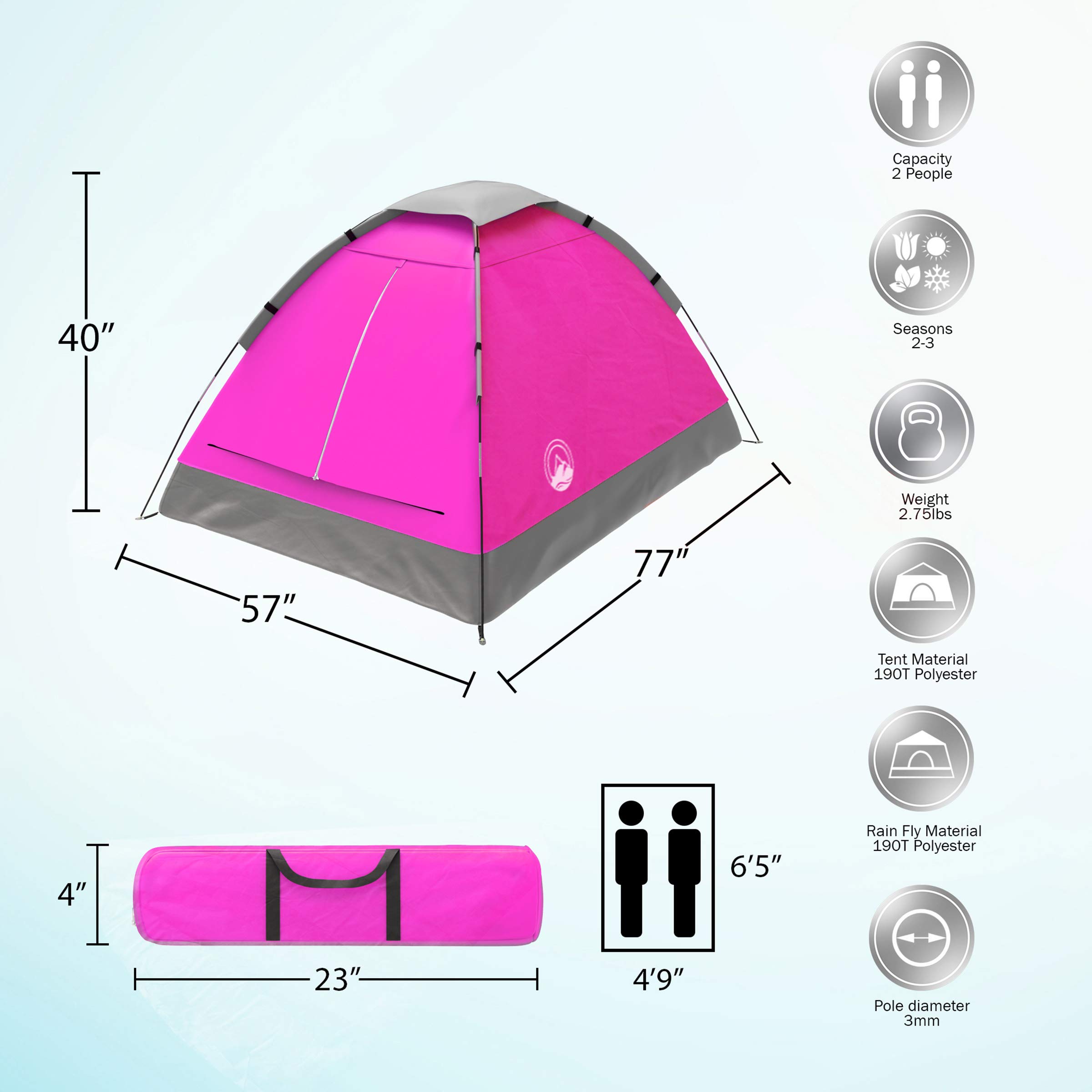 2 Person Dome Tent- Rain Fly & Carry Bag- Easy Set Up-Great for Camping, Backpacking, Hiking & Outdoor Music Festivals by Wakeman Outdoors (Pink), 2 person