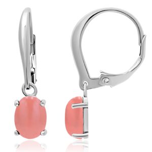 925 Sterling Silver 8x6mm Oval Shape Genuine or Simulated Gemstone Leverback Drop Dangle Earrings, Pink Coral