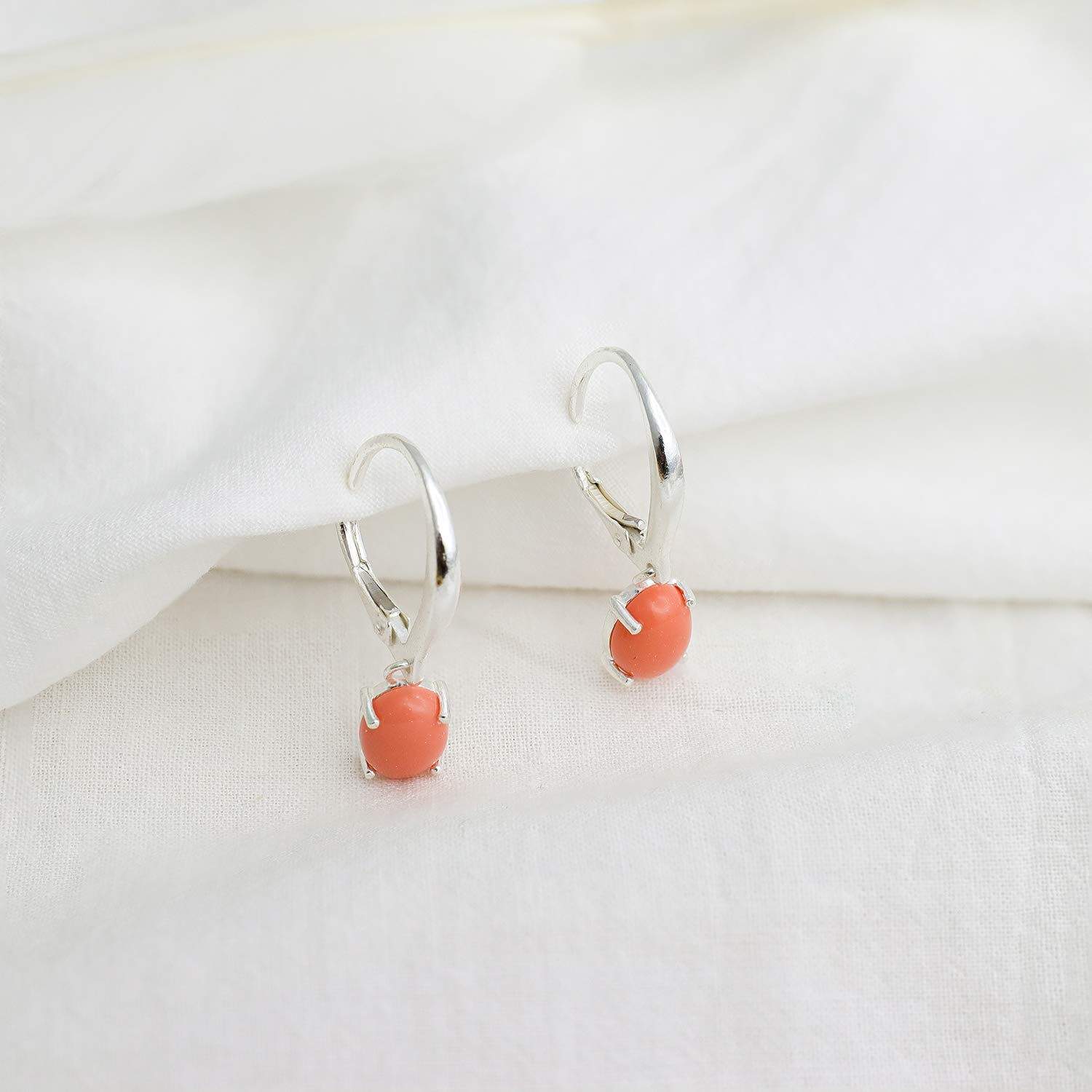 925 Sterling Silver 8x6mm Oval Shape Genuine or Simulated Gemstone Leverback Drop Dangle Earrings, Pink Coral