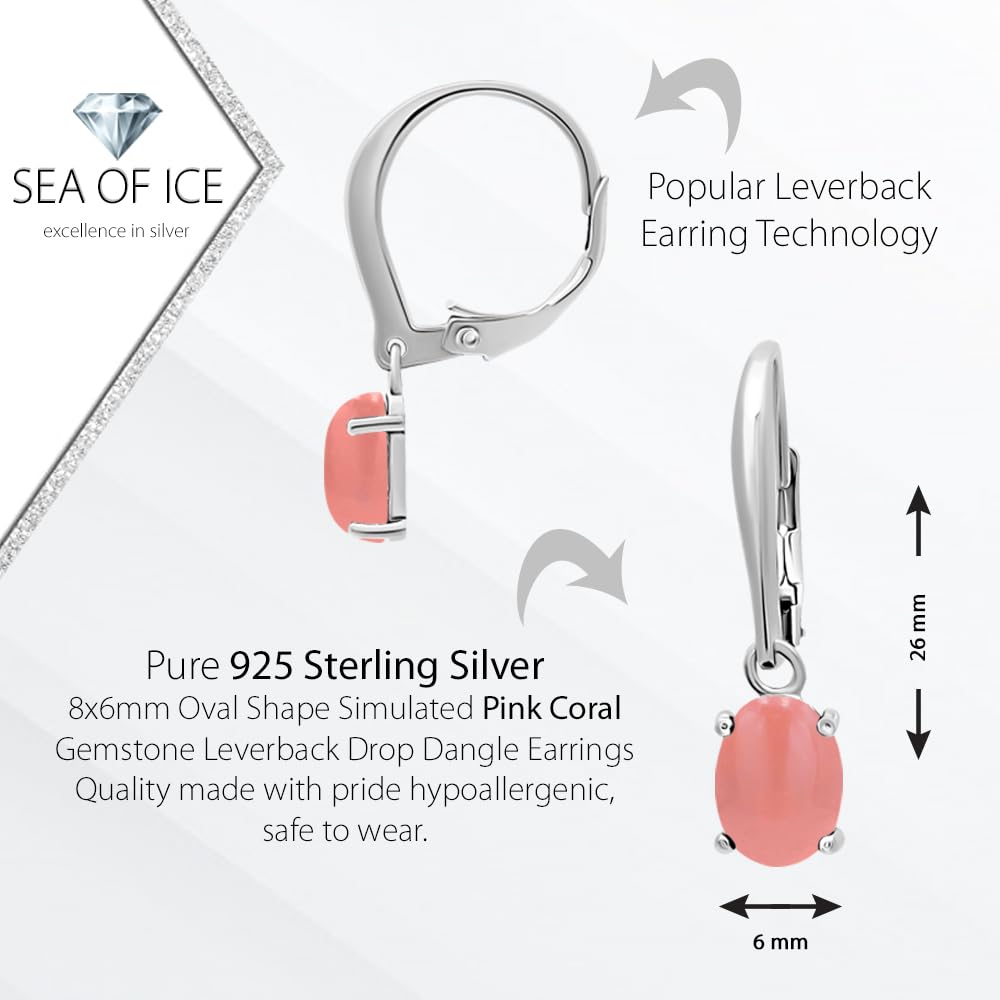 925 Sterling Silver 8x6mm Oval Shape Genuine or Simulated Gemstone Leverback Drop Dangle Earrings, Pink Coral