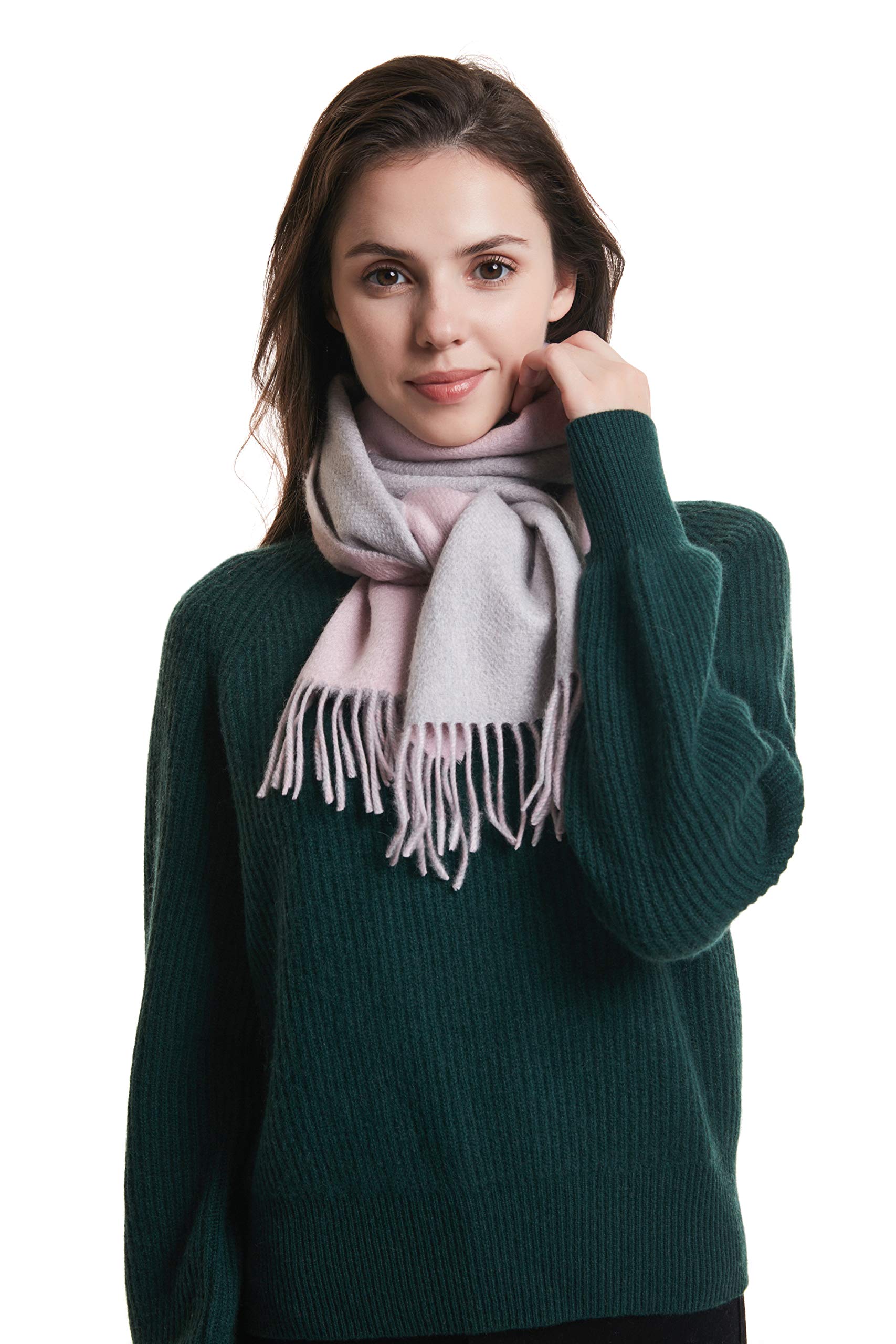 EURKEA 100% Cashmere 2023 Winter Collection, Women Fringed Edges Scarf, Gift Ready, Colors Available in Solid/Plaid/2-Tone, Pink and Light Grey, Free Size