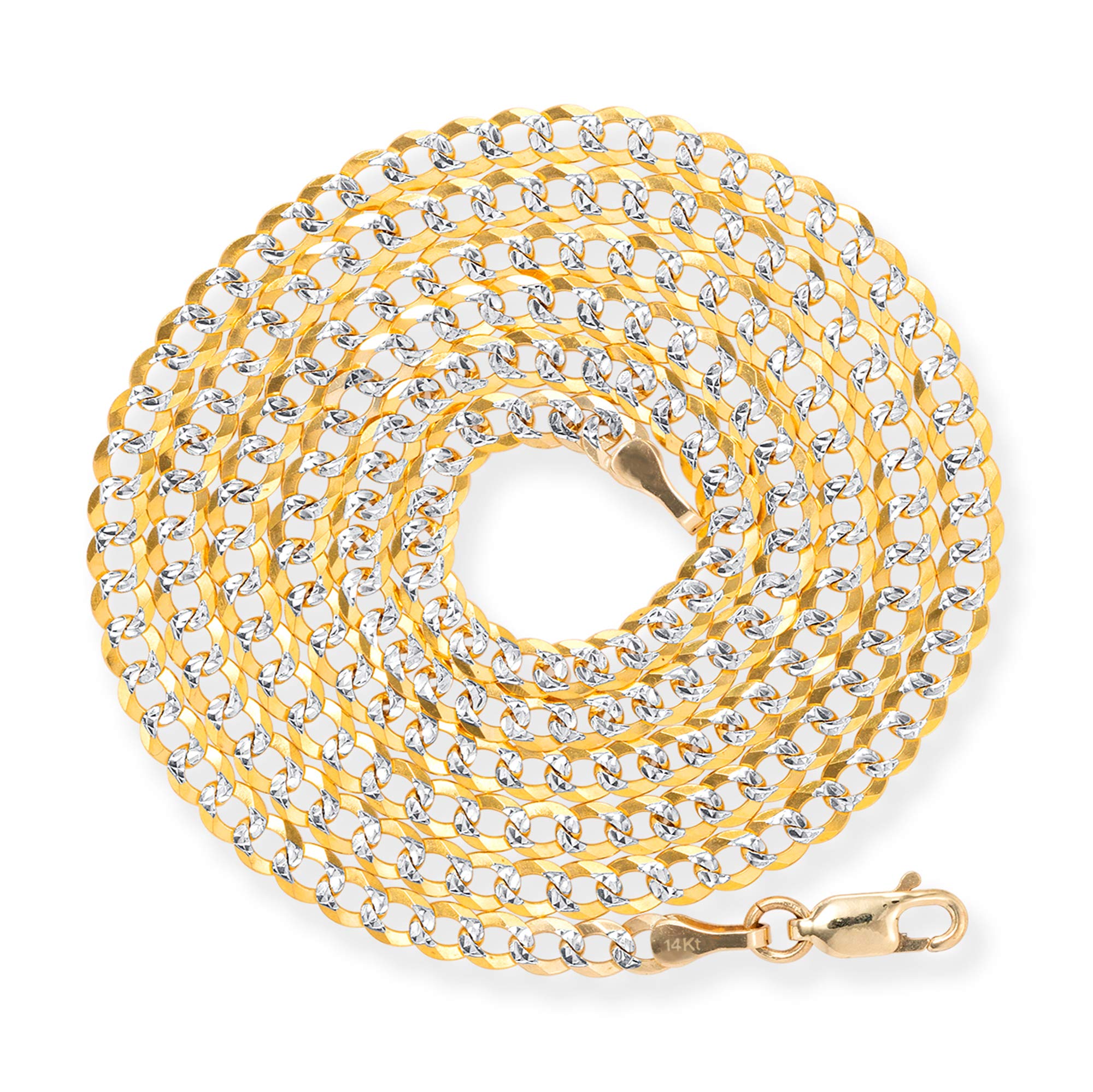 Nuragold 14k Yellow Gold Solid 4mm Cuban Chain Curb Link Diamond Cut Pave Two Tone Pendant Necklace, Mens Womens Jewelry 16" 18" 20" 22" 24" 26" 28" 30"