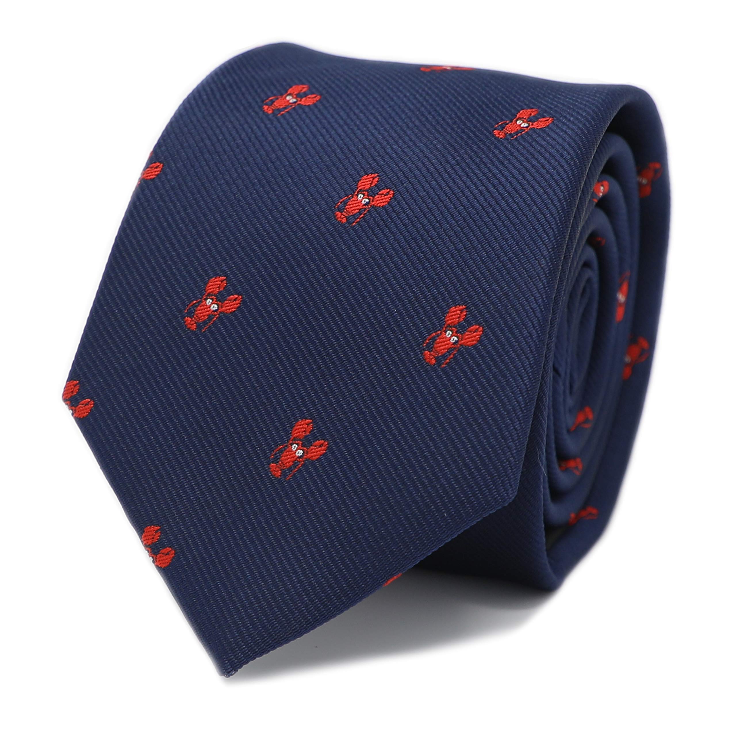 MENDEPOT Red Lobster Pattern Necktie With Gift Box Red Color Lobster Navy Tie