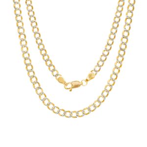 Nuragold 10k Yellow Gold 3.5mm Cuban Chain Curb Link Diamond Cut Pave Two Tone Pendant Necklace, Mens Womens Jewelry 16" 18" 20" 22" 24" 26" 28" 30"