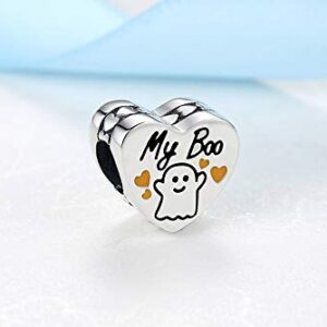 EVESCITY 925 Silver My Boo Cute Ghost Halloween Fashion Sterling Charm Bead Pendant For Charms Bracelets ♥ Best Jewelry Gifts for Her Holiday Halloween Fall Autumn ♥