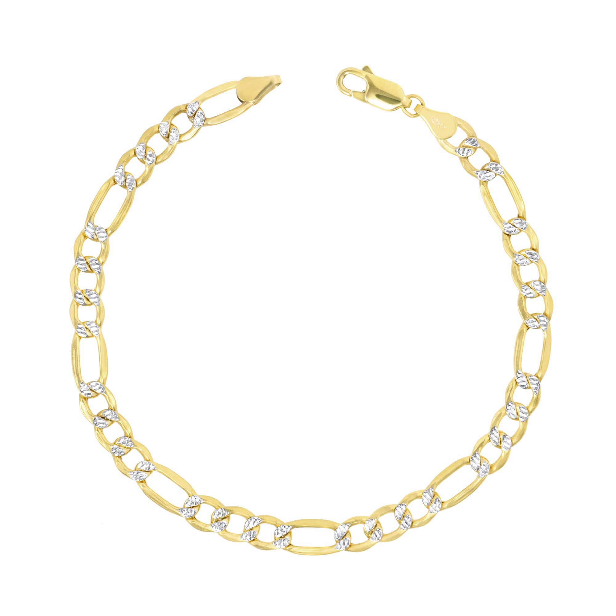 Nuragold 10k Yellow Gold 5.5mm Figaro Chain Link Diamond Cut Pave Two Tone Bracelet, Mens Womens Jewelry 7" 7.5" 8" 8.5" 9"