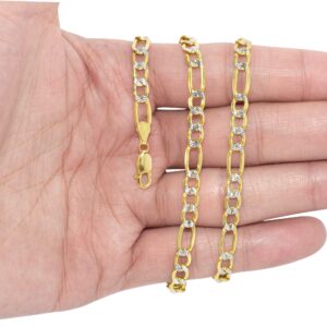 Nuragold 10k Yellow Gold 5.5mm Figaro Chain Link Diamond Cut Pave Two Tone Bracelet, Mens Womens Jewelry 7" 7.5" 8" 8.5" 9"