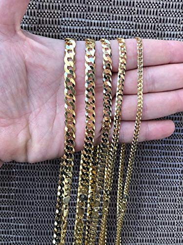 HarlemBling 14k Gold Over Solid 925 Sterling Silver - Men's Ladies Flat Cuban Chain - Made In Italy - 18-30" - 4mm 5mm 6mm 7mm 8mm - Necklace (20, 8mm)