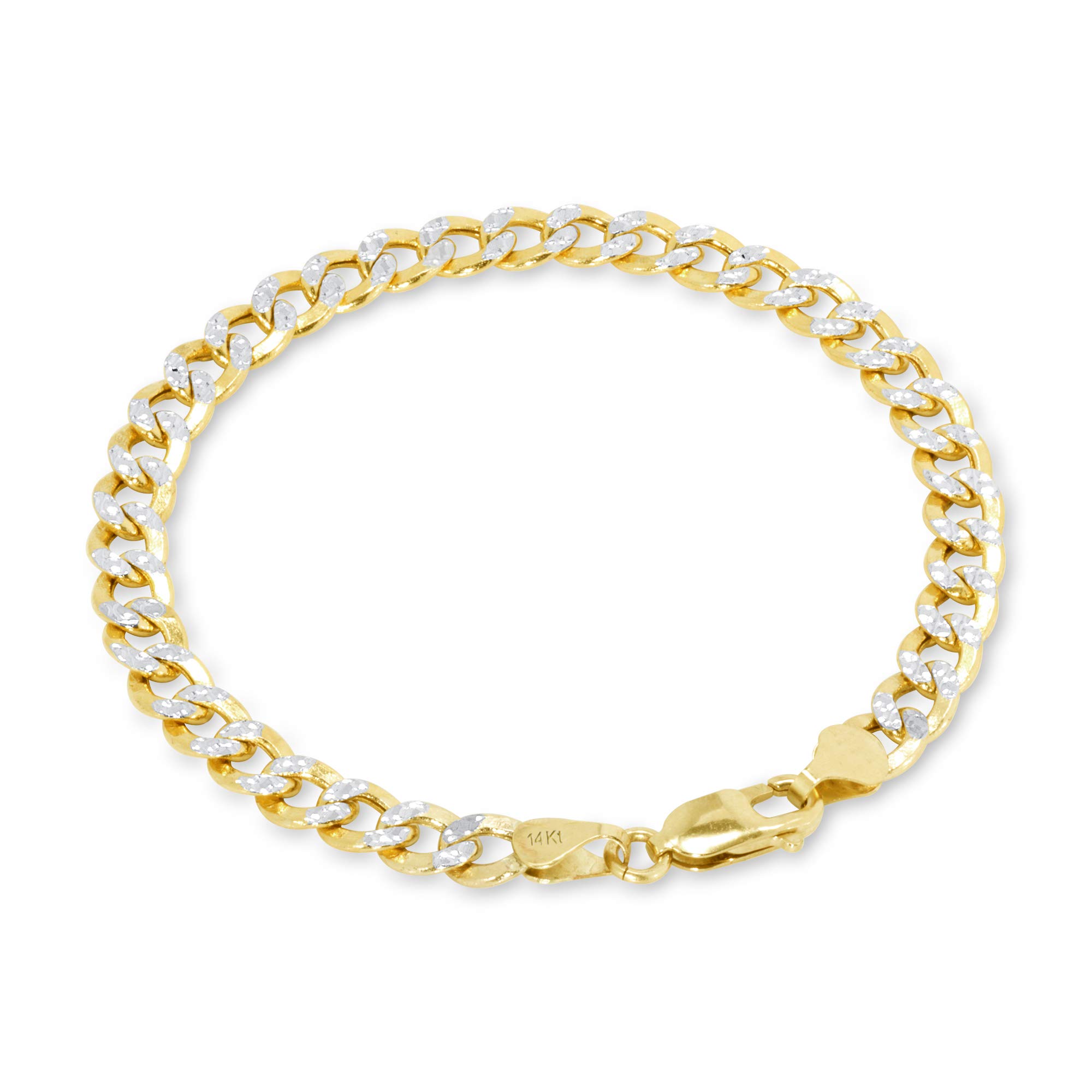 Nuragold 14k Yellow Gold 7mm Cuban Chain Curb Link Diamond Cut Pave Two Tone Bracelet, Mens Womens Jewelry 7" 7.5" 8" 8.5" 9"