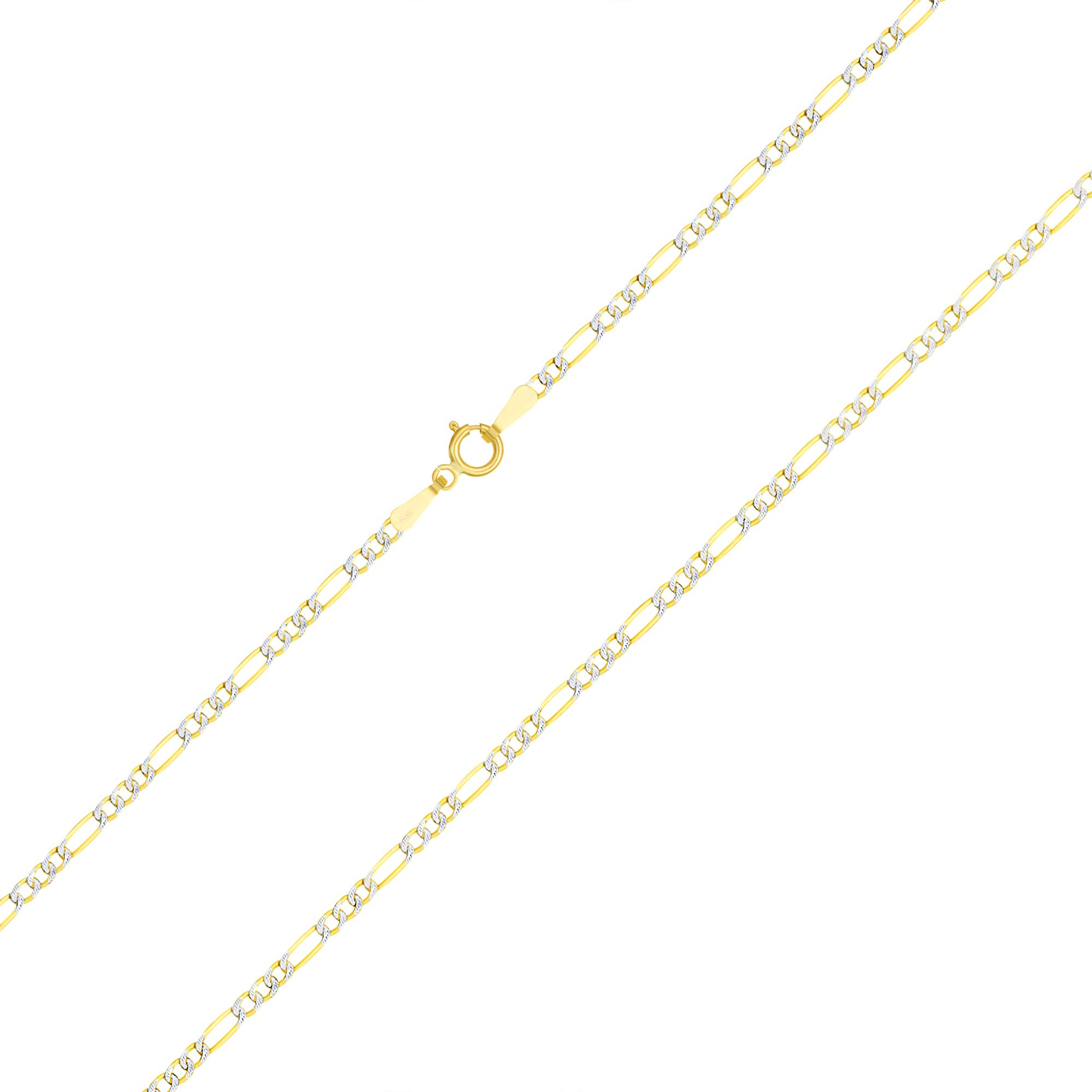 Nuragold 10k Yellow Gold 2mm Figaro Chain Link Diamond Cut Pave Two Tone Pendant Necklace, Womens Mens Jewelry 16" 18" 20" 22" 24"