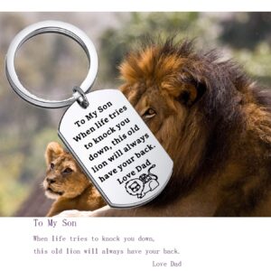 BEKECH Inspirational Keychain Gifts to My Son This Old Lion Will Always Have Your Back Dog Tag Keychain Son Gifts from Dad for Graduation Birthday (silver)