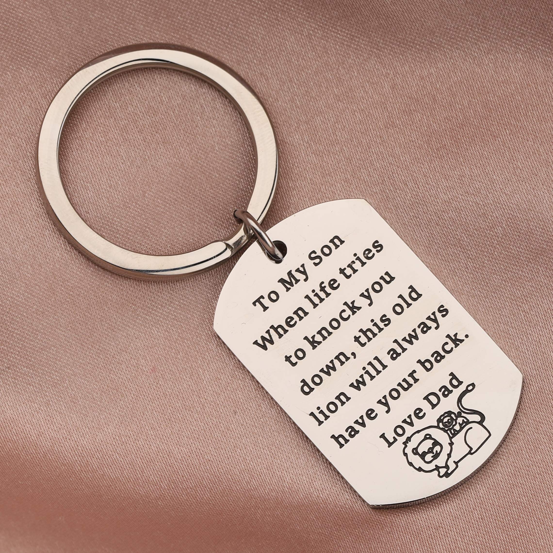 BEKECH Inspirational Keychain Gifts to My Son This Old Lion Will Always Have Your Back Dog Tag Keychain Son Gifts from Dad for Graduation Birthday (silver)