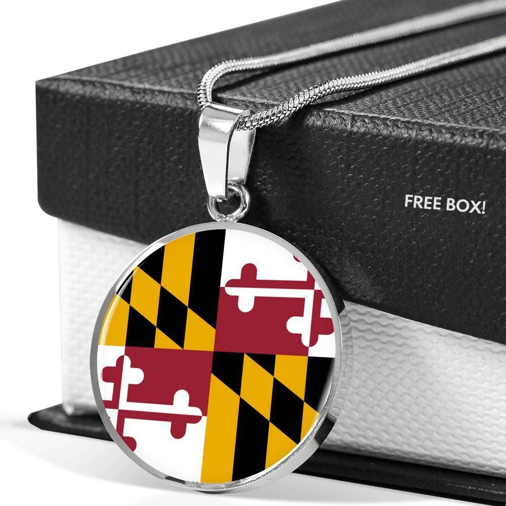 Express Your Love Gifts Maryland State Flag Necklace Stainless Steel or 18k Gold Circle Pendant 18-22"