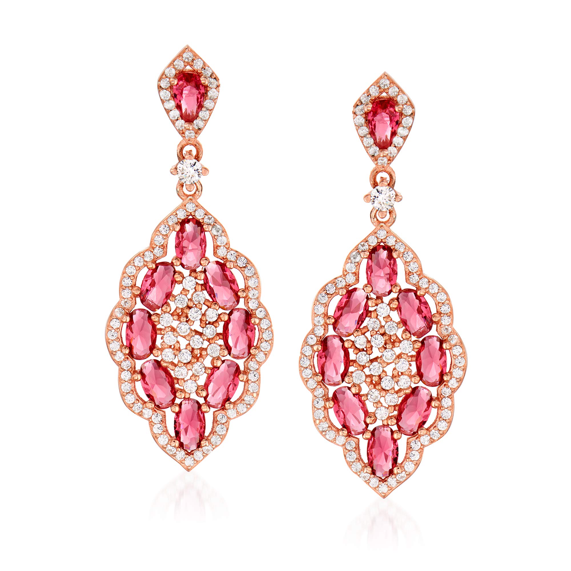 Ross-Simons 6.55 ct. t.w. Pink and White CZ Drop Earrings in 18kt Rose Gold Over Sterling