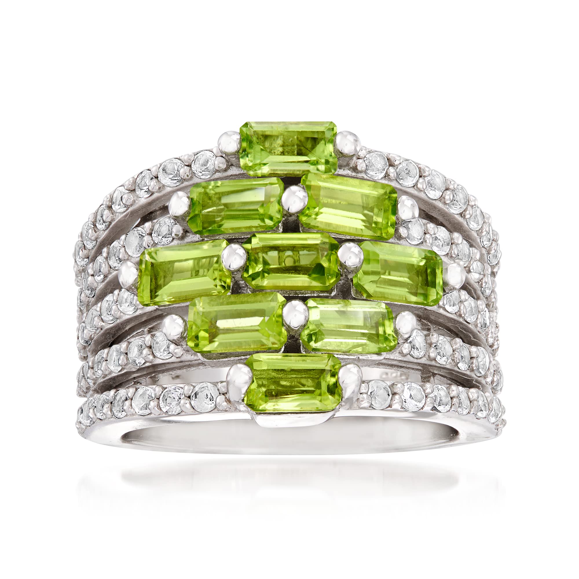 Ross-Simons 3.40 ct. t.w. Peridot and .60 ct. t.w. White Topaz Multi-Row Ring in Sterling Silver. Size 6