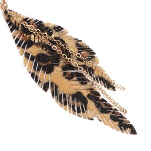 NVENF Feather Tassel Dangle Earrings for Women Bohemian Faux Leather Plume Gold-tone Metal Chain Fringe Statement Drop Earrings Vintage Ethnic Style Jewelry (Leopard)