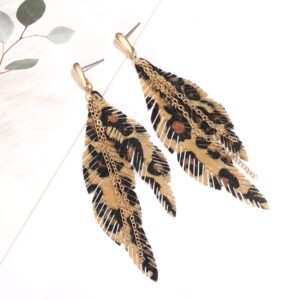 NVENF Feather Tassel Dangle Earrings for Women Bohemian Faux Leather Plume Gold-tone Metal Chain Fringe Statement Drop Earrings Vintage Ethnic Style Jewelry (Leopard)