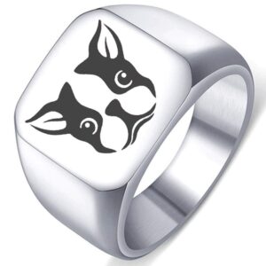 boston terrier dog polished engraved womens stainless steel ring