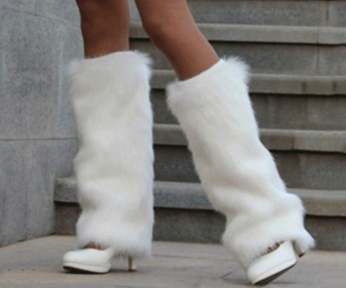 Acrylic Long Leg Warmer with Faux Fur Legwarmers for Women(White)