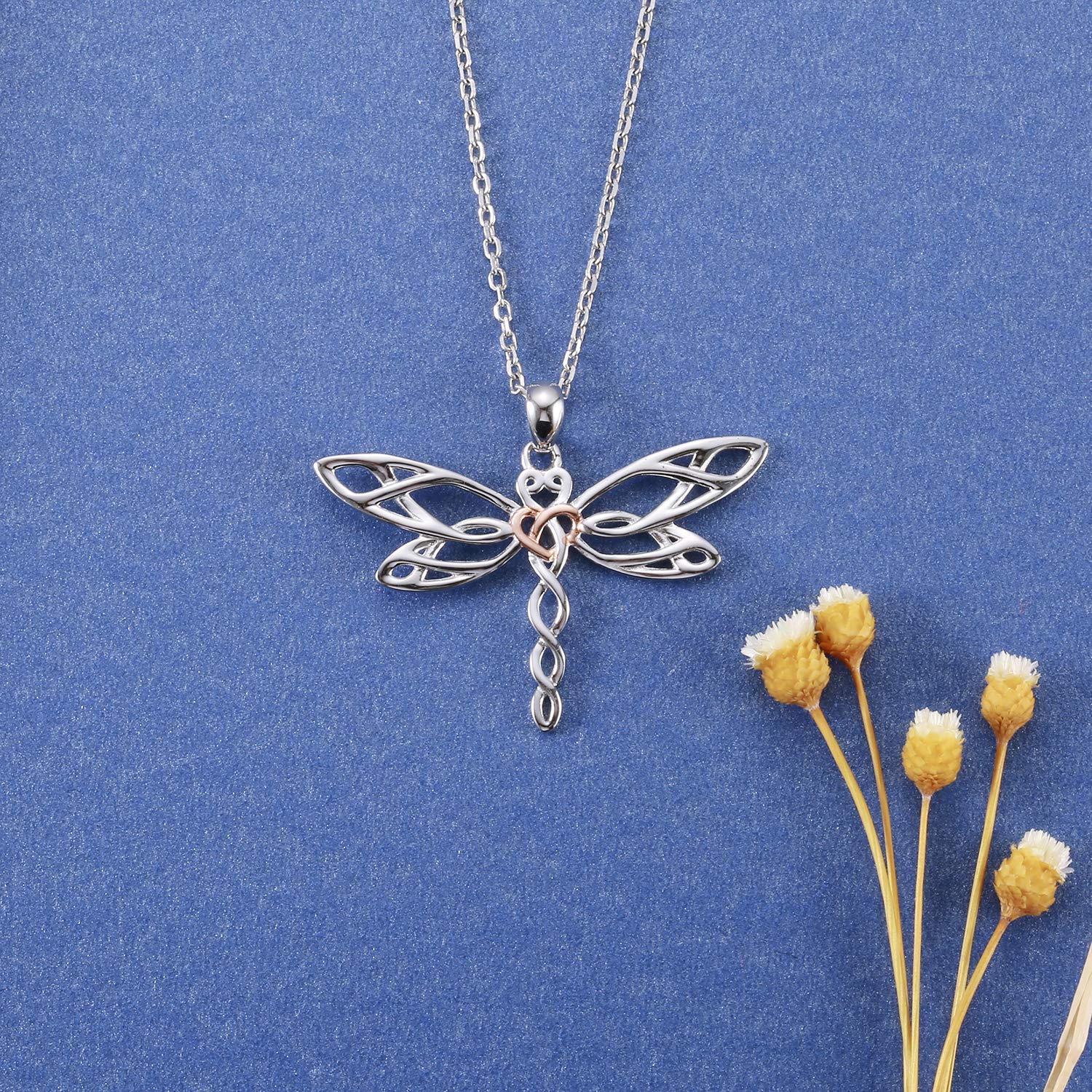 MANBU Sterling Silver Dragonfly Necklace Bracelet for Women Celtic Infinity Dragonfly Pendant Christmas Jewelry Gifts for Dragonfly Lovers (rosegold heart)