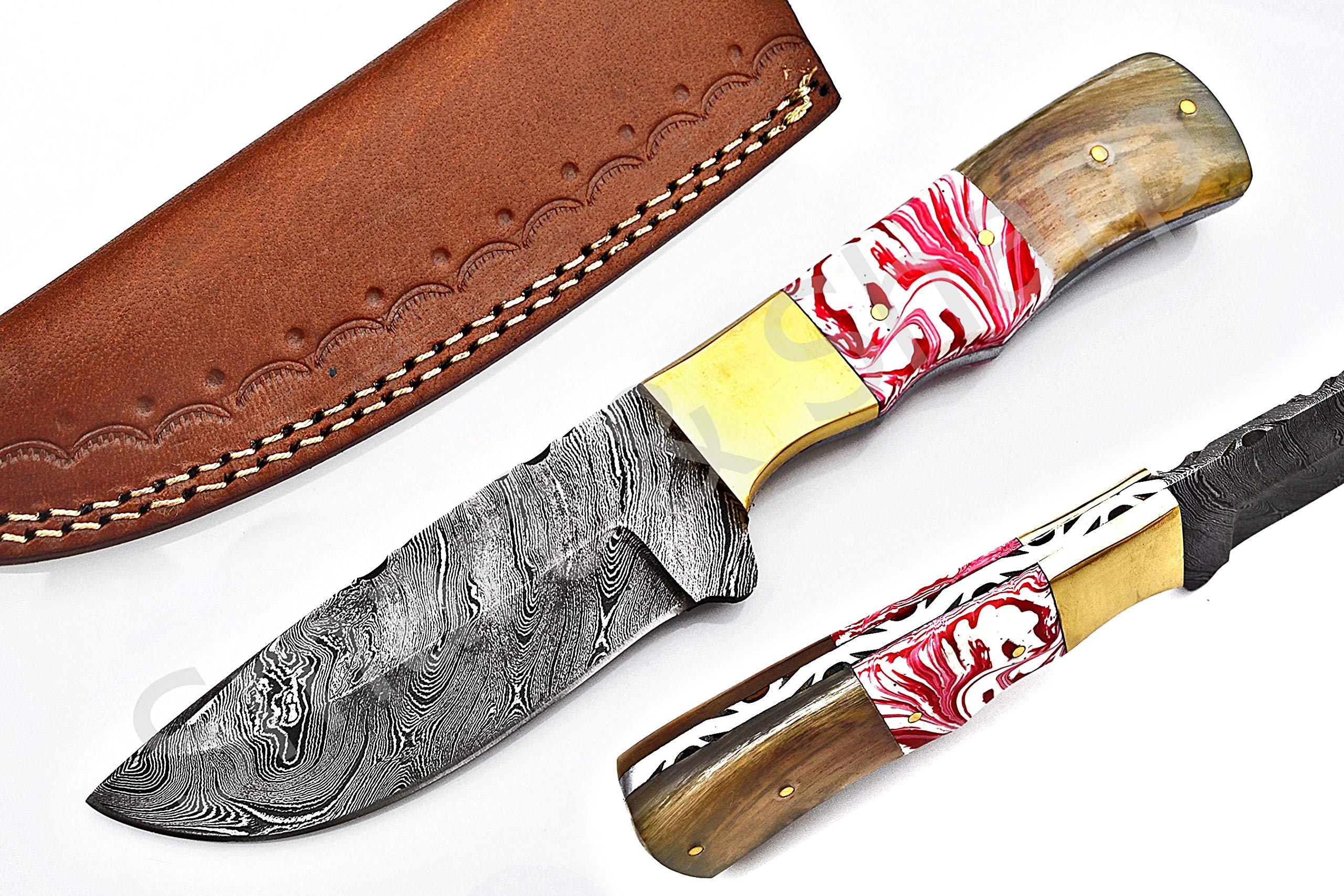 Smart & Sharp Custom Handmade Damascus Steel Hunting Knife/Skinning Knife AA-17236, 17237, 17238, 17239, 17240, 17241 and 17242 (Red & White Resin)