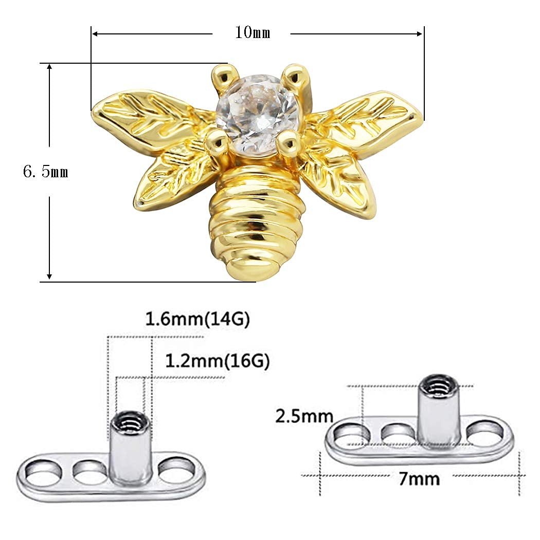 Excepro 1Pcs Dermal Anchor G23 Titanium Multicolor Plated Bees CZ Body Jewelry Anchor Dermal Tops (Yellow gold plated)