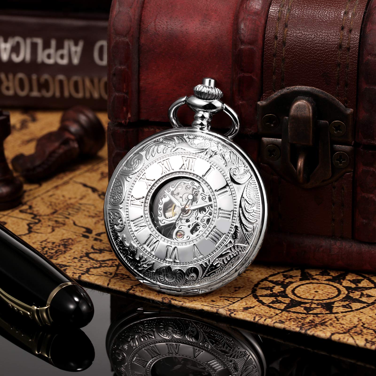 TREEWETO Men's Mechanical Skeleton Pocket Watch for Mens Women Roman Numerals Dial Silver Tone Double Case Pocket Watches